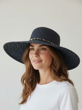 LAKE SHORE DRIVE ladies NWT wide, brim, beaded hat, navy